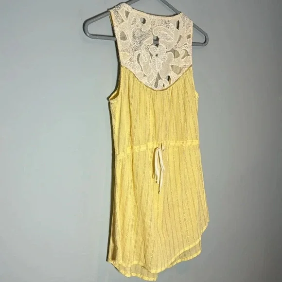 Free People yellow cotton crepe gold metallic stripe button tank top lace sz XS - Picture 4 of 6